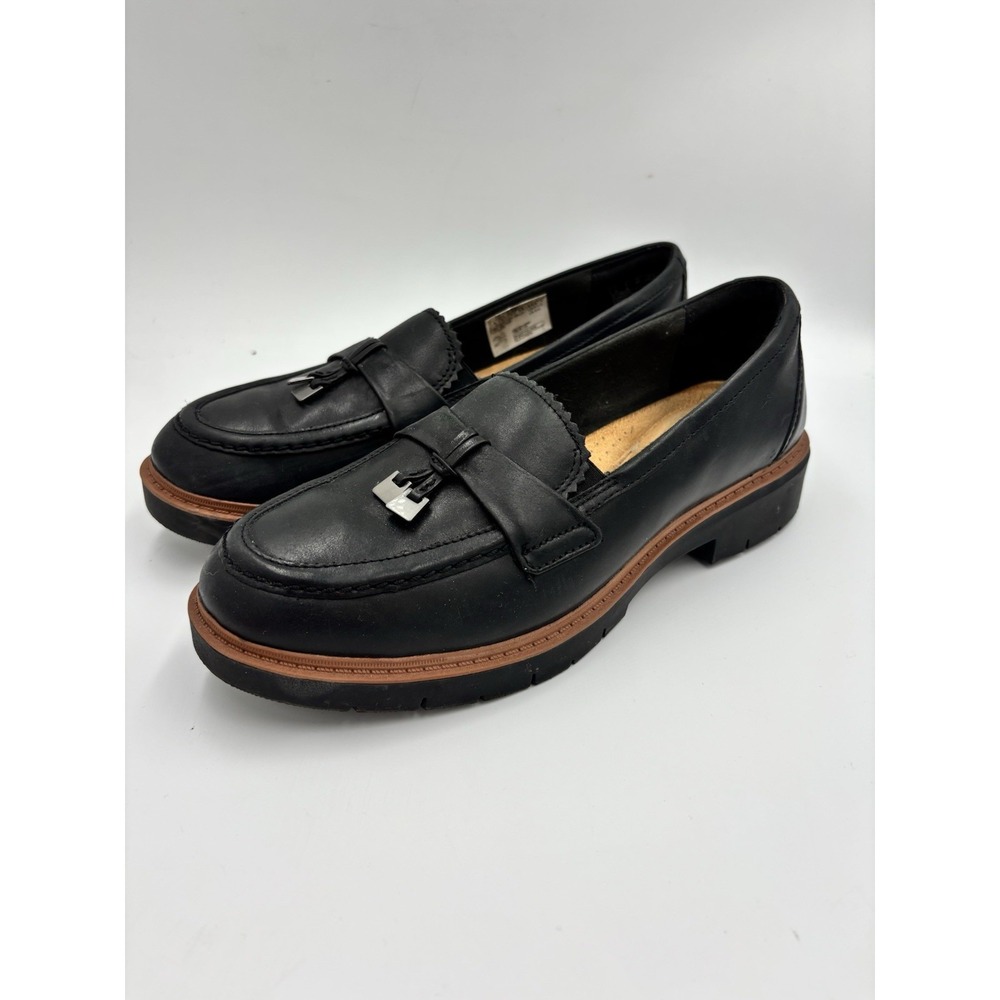 Clarks Westlynn Bella Women's Black Leather Lug Sole Charm Tassel Loafers 8